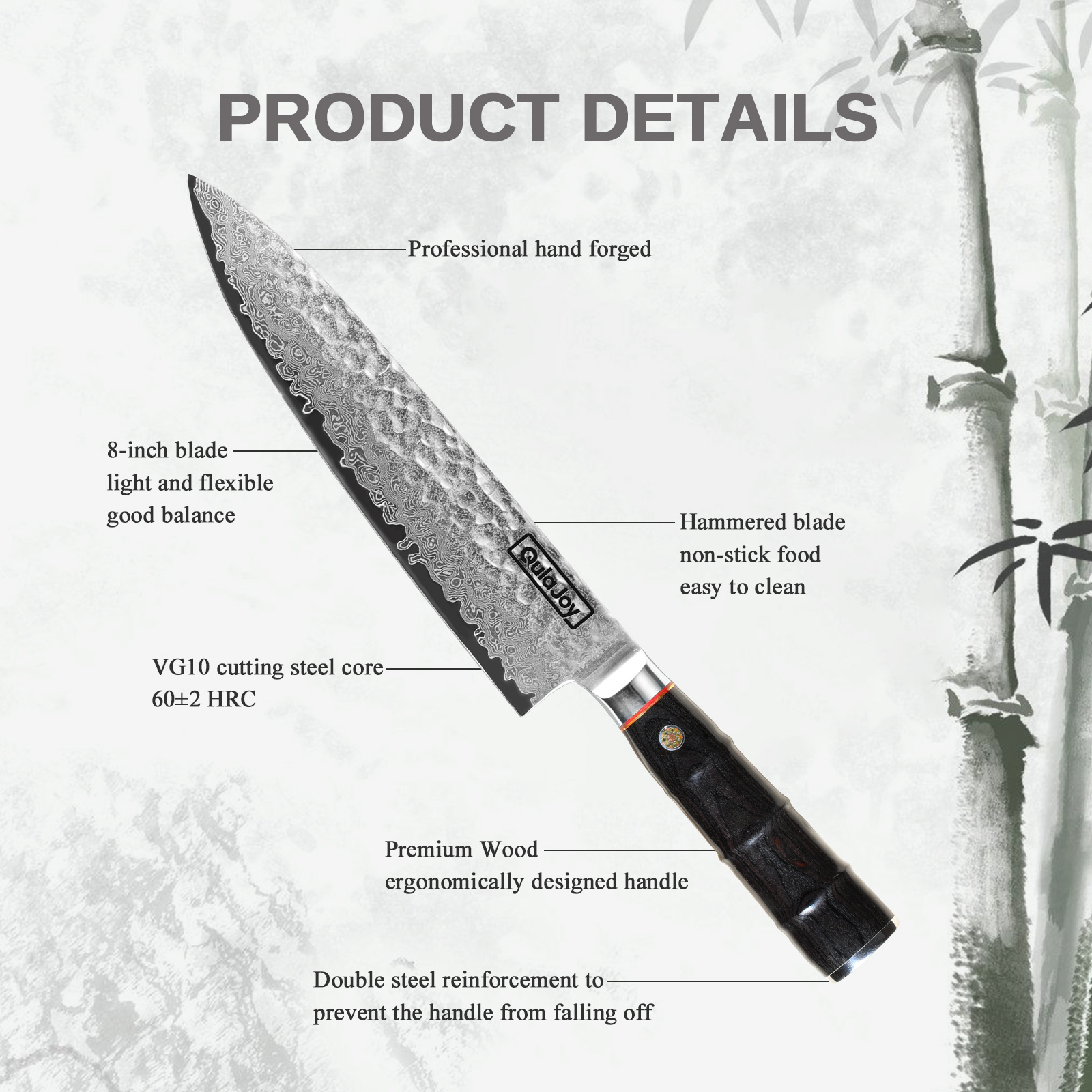 Qulajoy Japanese Chef Knife 8 Inch,67 Layers Damascus VG-10 Steel Core,Professional Hammered Kitchen Knife,Handcrafted With Ergonomic Bamboo Shape Handle - Image 4