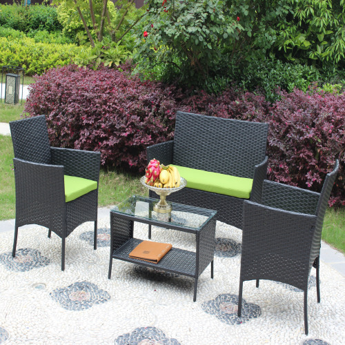 4 PC Rattan Patio Furniture Set Outdoor Patio Cushioned Seat Wicker Sofa Green Cushion - Image 4