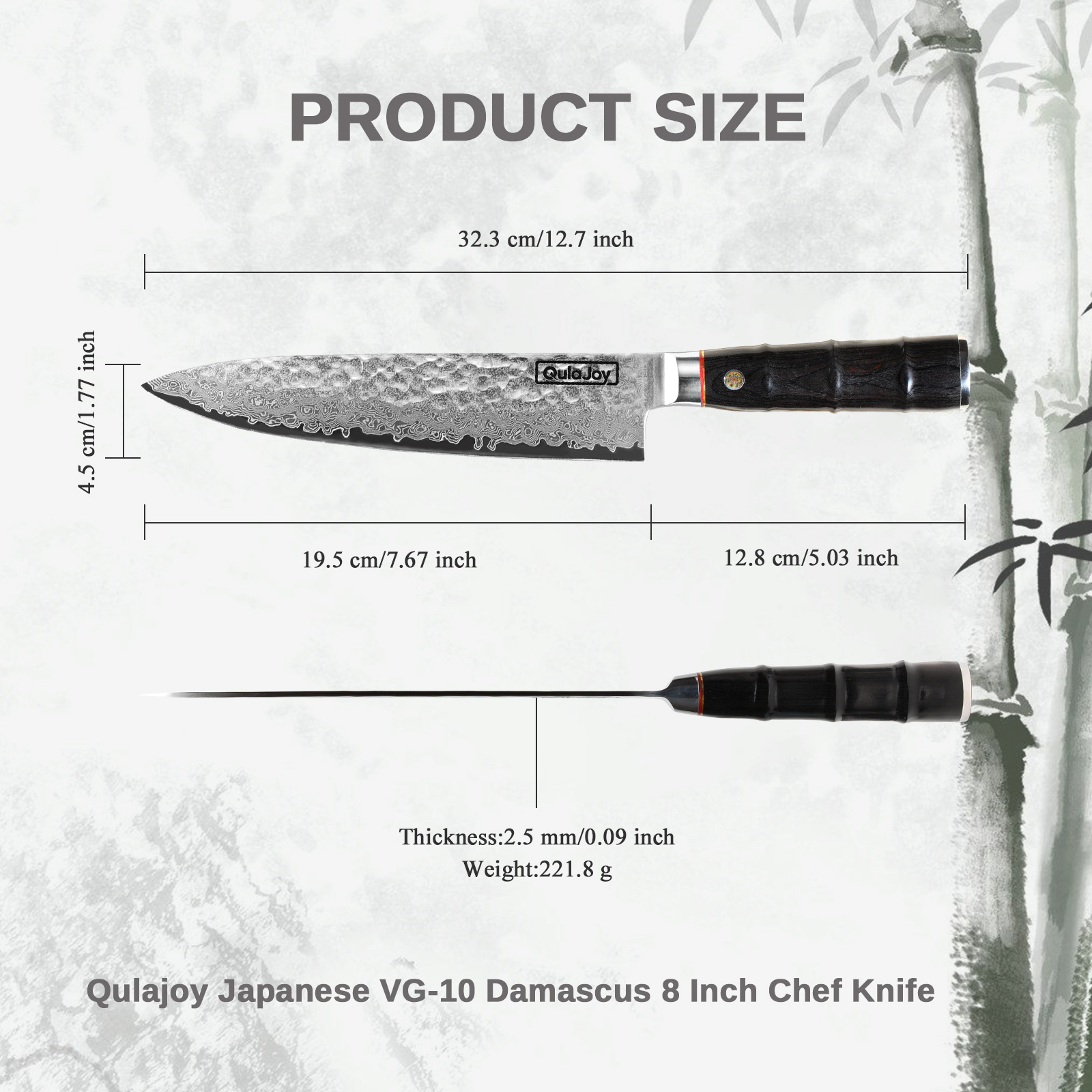 Qulajoy Japanese Chef Knife 8 Inch,67 Layers Damascus VG-10 Steel Core,Professional Hammered Kitchen Knife,Handcrafted With Ergonomic Bamboo Shape Handle - Image 5